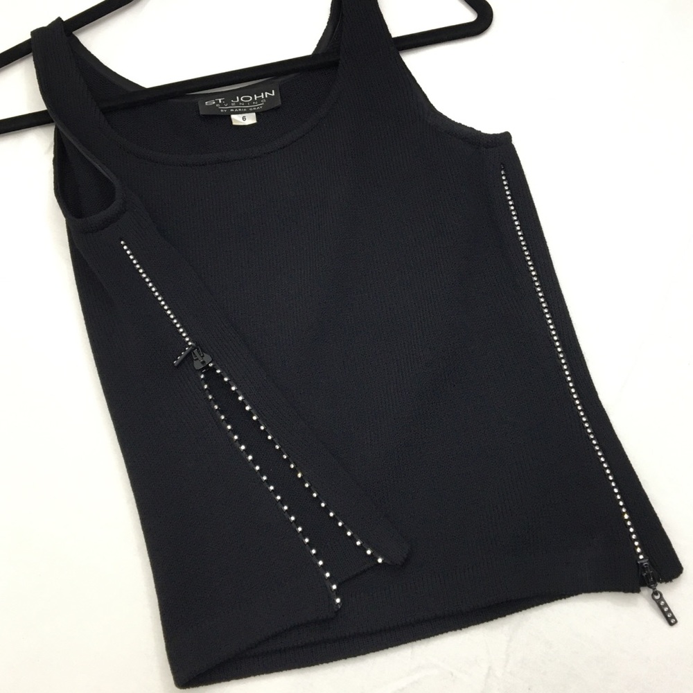 St JOHN Evening Top Black w/ Rhinestone Zippers - Picture 2 of 12
